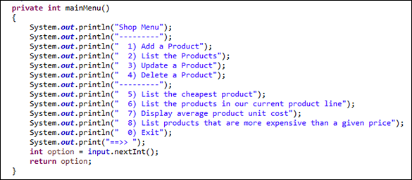 Figure 2: Menu System code for Shop V4.0