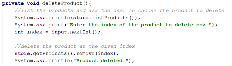 Figure 3: Code for deleting a Product