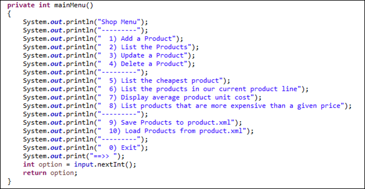 Figure 4: Menu System code for Shop V5.0